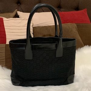 Authentic Gucci Black Canvas Leather Trim Tote